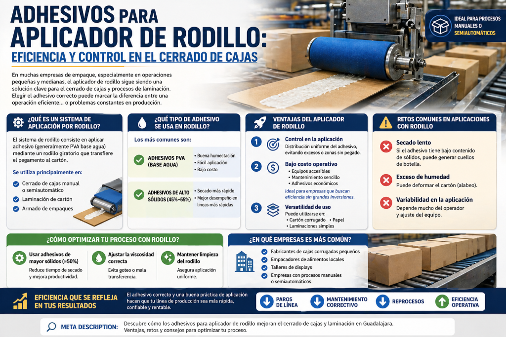Descubre qué adhesivos usar en aplicadores de rodillo para cerrado de cajas en Guadalajara. Mejora eficiencia, reduce errores y optimiza tu producción.